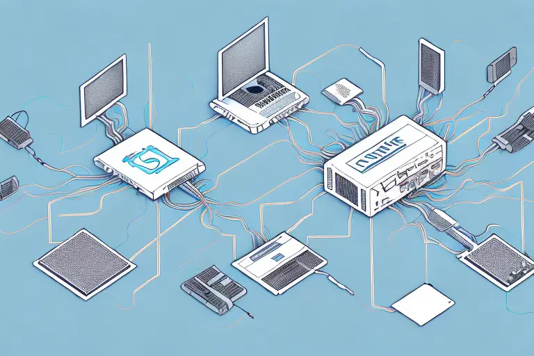 A computer network with multiple nodes connected by a variety of cables and routers